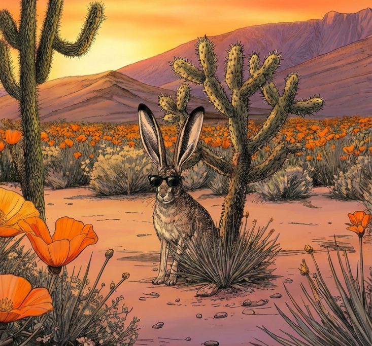 Jumping Cholla Beverages Jackrabbit wearing sunglasses in the desert