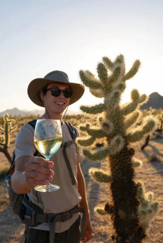 Man in hiking gear near a cholla cactus with Jumping Cholla Beverages white wine