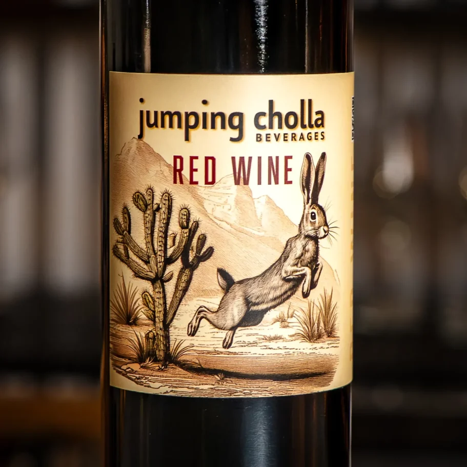 Jumping Cholla Beverages Arizona red wine label of cholla cactus and jack rabbit